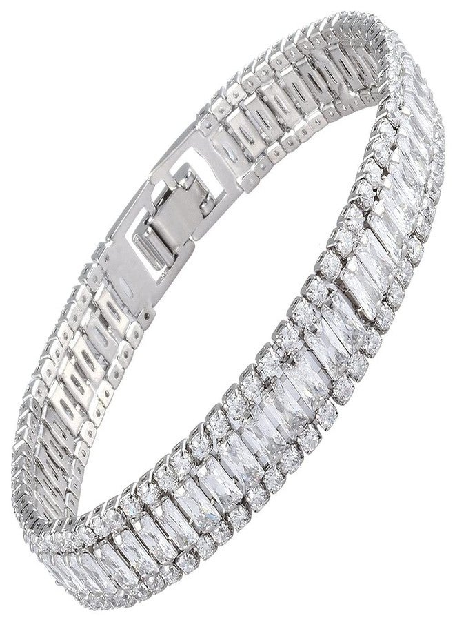 RIZILIA ICONIC Triple Rows 2mm x 4mm White Cubic Zirconia 18K White Gold Plated Wide Tennis Bracelet, 7" - Image 1