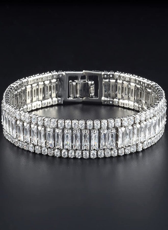 RIZILIA ICONIC Triple Rows 2mm x 4mm White Cubic Zirconia 18K White Gold Plated Wide Tennis Bracelet, 7" - Image 4