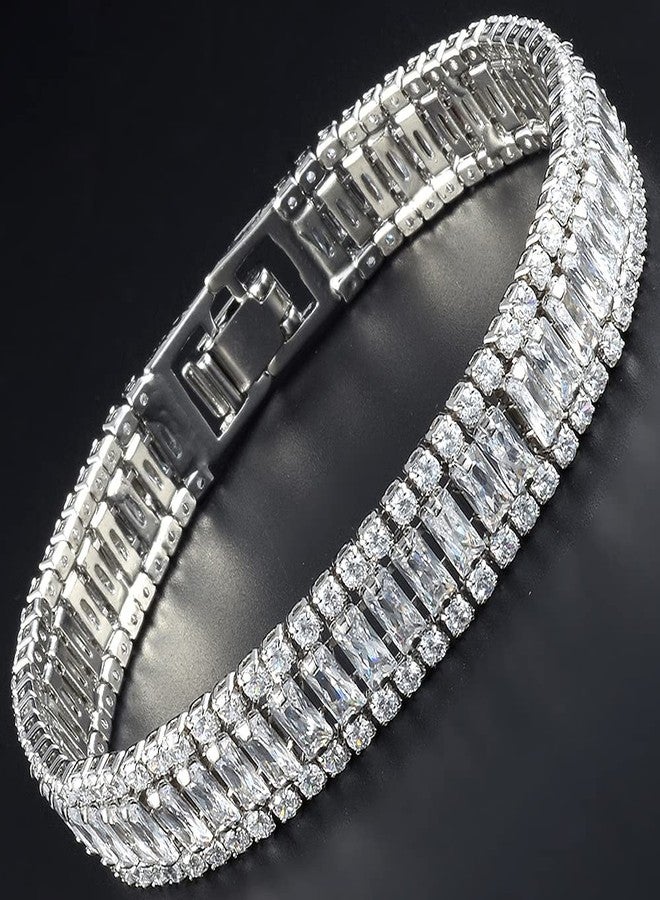 RIZILIA ICONIC Triple Rows 2mm x 4mm White Cubic Zirconia 18K White Gold Plated Wide Tennis Bracelet, 7" - Image 3