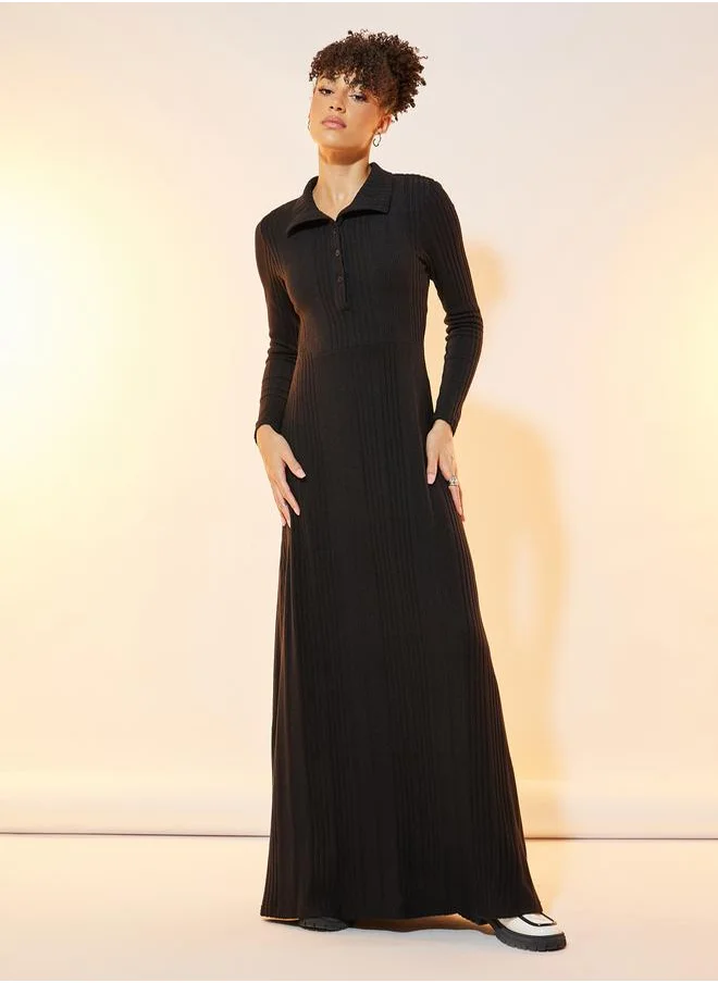 Styli Solid Stripe Long Sleeve Maxi Dress