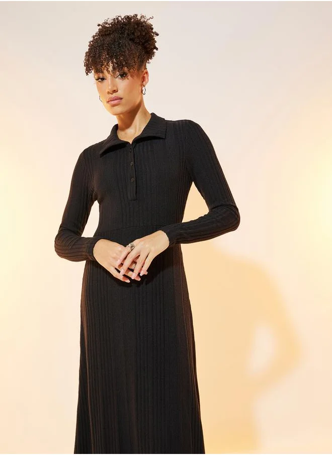 Styli Solid Stripe Long Sleeve Maxi Dress