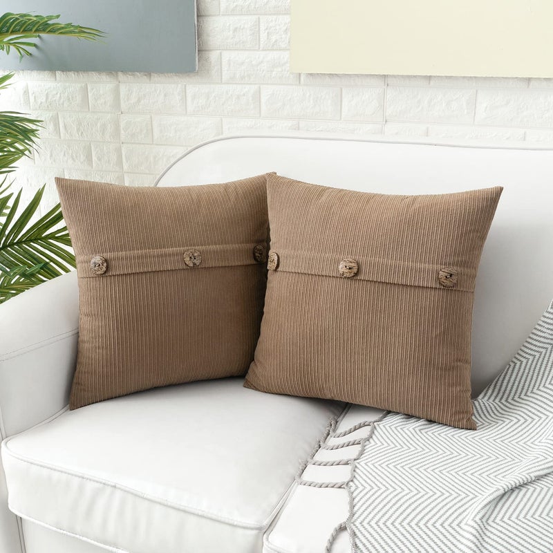 HWY 50 Taupe Chenille Throw Pillow Covers 16x16 Inch with Triple Buttons, Soft Farmhouse Accent Decorative Cushion Cases for Couch Sofa Bed Living Room Pack of 2 - Image 3