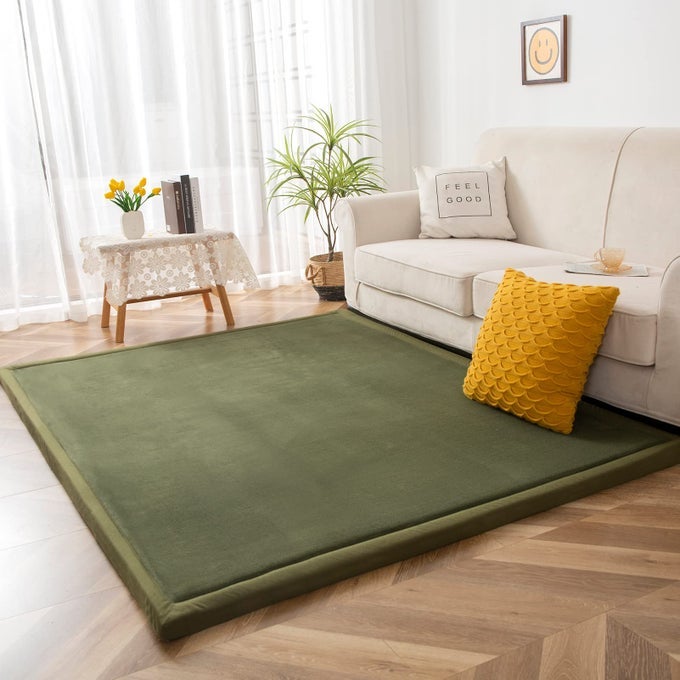 CORAL VELVET AREA RUG THICK JAPANESE TATAMI MAT LIVING ROOM CARPET WITH NONSLIP BACKING LARGE SOLID COLOR MAT FOR BEDROOM DORMITORY YOGA OLIVE GREEN 78 BY 78 INCH