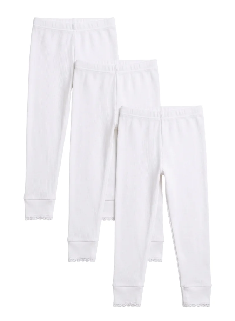 بيداني Girls' Thermal Long Underwear Pants (3-Pack) – Soft Ribbed Cotton Base Layer Leggings with Scalloped Lace Cuffs for Toddlers & Kids
