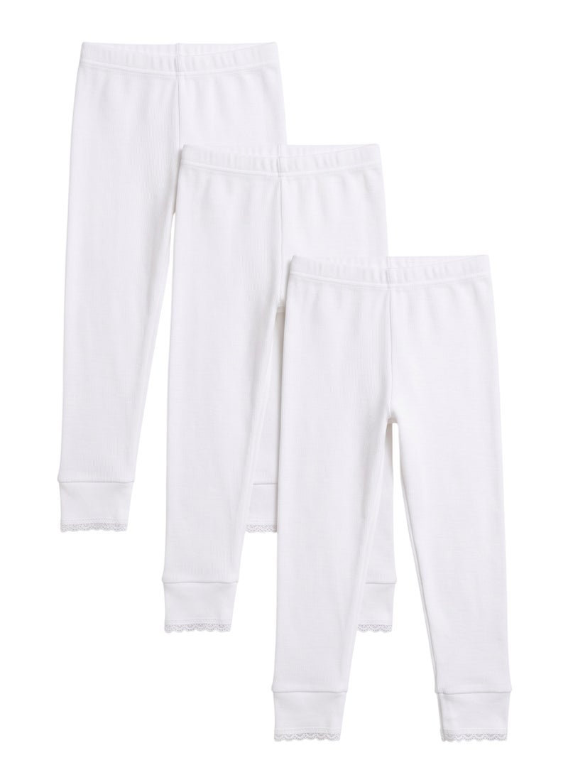 Bidani Girls' Thermal Long Underwear Pants (3-Pack) – Soft Ribbed Cotton Base Layer Leggings with Scalloped Lace Cuffs for Toddlers & Kids - Image 1