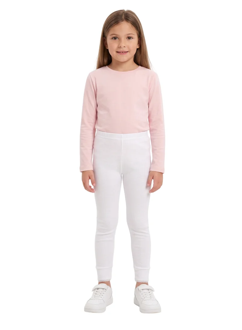 بيداني Girls' Thermal Long Underwear Pants (3-Pack) – Soft Ribbed Cotton Base Layer Leggings with Scalloped Lace Cuffs for Toddlers & Kids