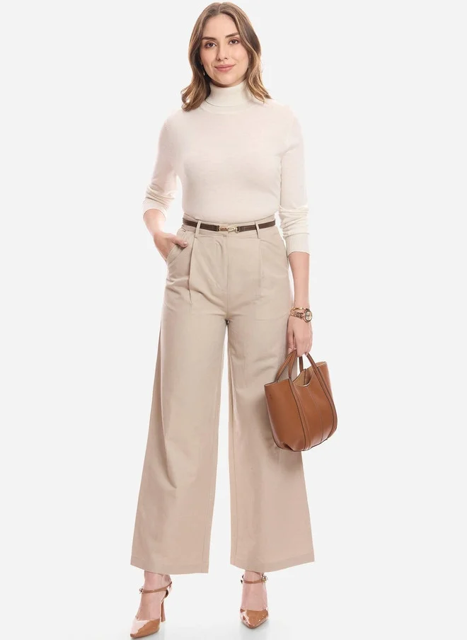 Virgio Women Solid Linen Relaxed Fit Mid-Rise Pleated Trousers