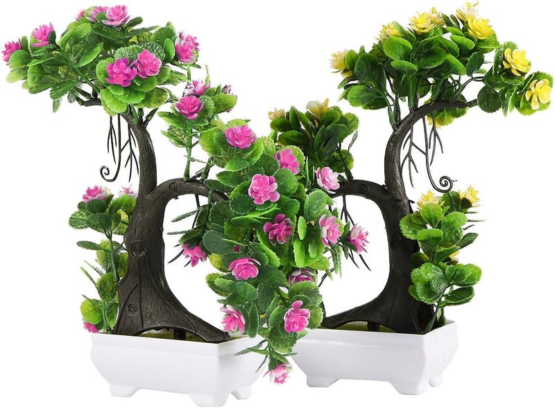 Simulation Plastic Flower Potted Plants 2pcs, Pink and Yellow Artificial Plant Ornaments for Home and Office Indoor Decoration - Image 1