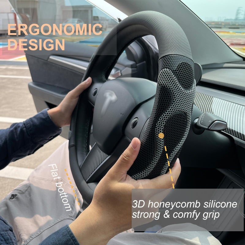 PINCTROT Comfy Grip Steering Wheel Cover for Tesla Model Y/3 2016-2025 2026 Standard/Highland/Juniper, D Shaped 14 Inch Small Sized, Flat Bottom with 3D Honeycomb Anti-Slip Design (Comfy Grip Gray) - Image 2