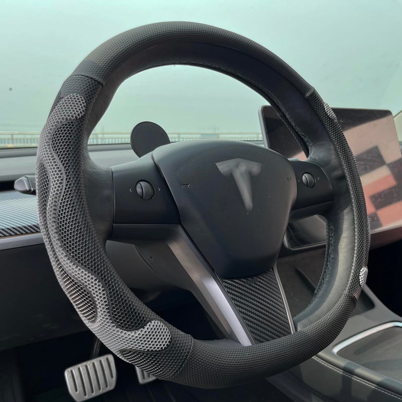 PINCTROT Comfy Grip Steering Wheel Cover for Tesla Model Y/3 2016-2025 2026 Standard/Highland/Juniper, D Shaped 14 Inch Small Sized, Flat Bottom with 3D Honeycomb Anti-Slip Design (Comfy Grip Gray) - Image 1