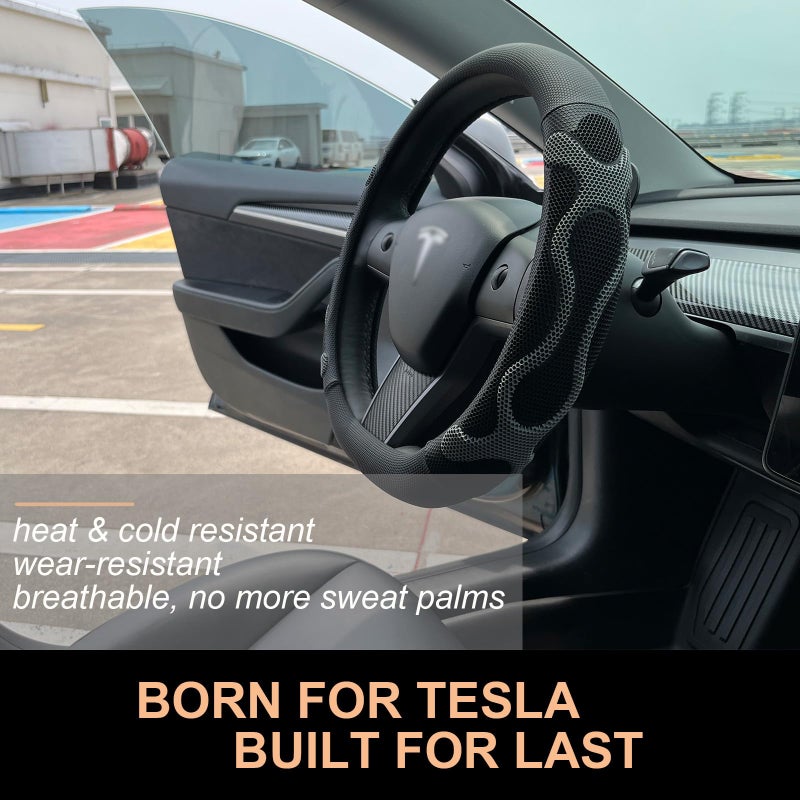 PINCTROT Comfy Grip Steering Wheel Cover for Tesla Model Y/3 2016-2025 2026 Standard/Highland/Juniper, D Shaped 14 Inch Small Sized, Flat Bottom with 3D Honeycomb Anti-Slip Design (Comfy Grip Gray) - Image 3