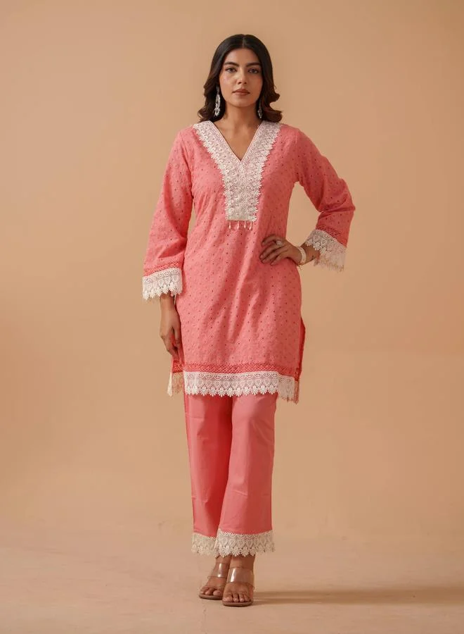 DW DW Embroidered Pure Cotton Tunic with Trousers Co-Ords