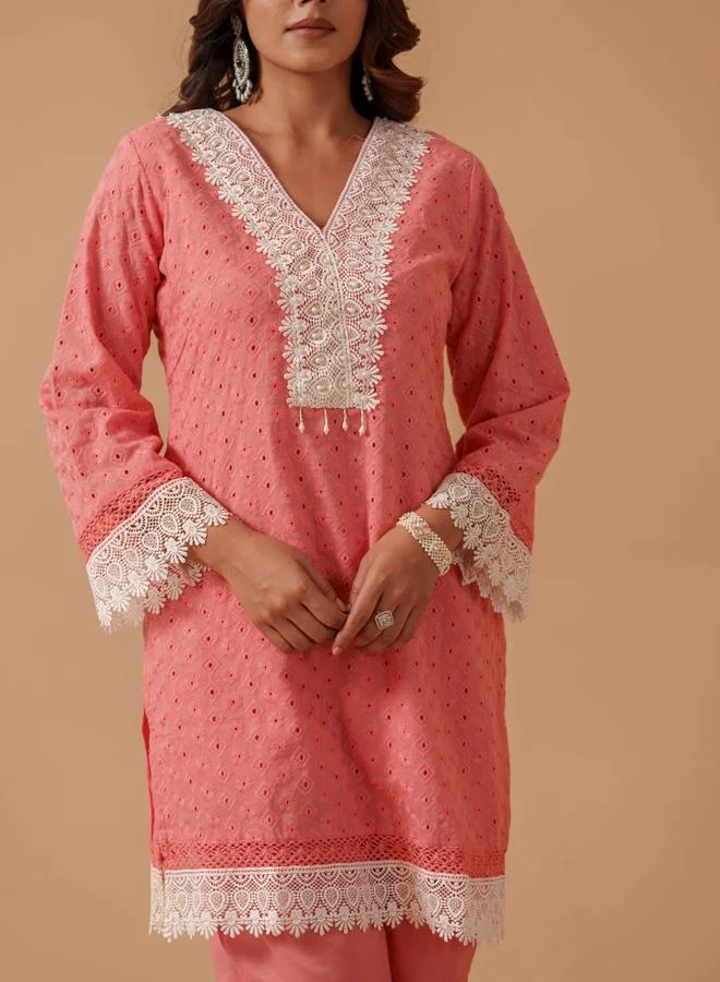 DW DW Embroidered Pure Cotton Tunic with Trousers Co-Ords
