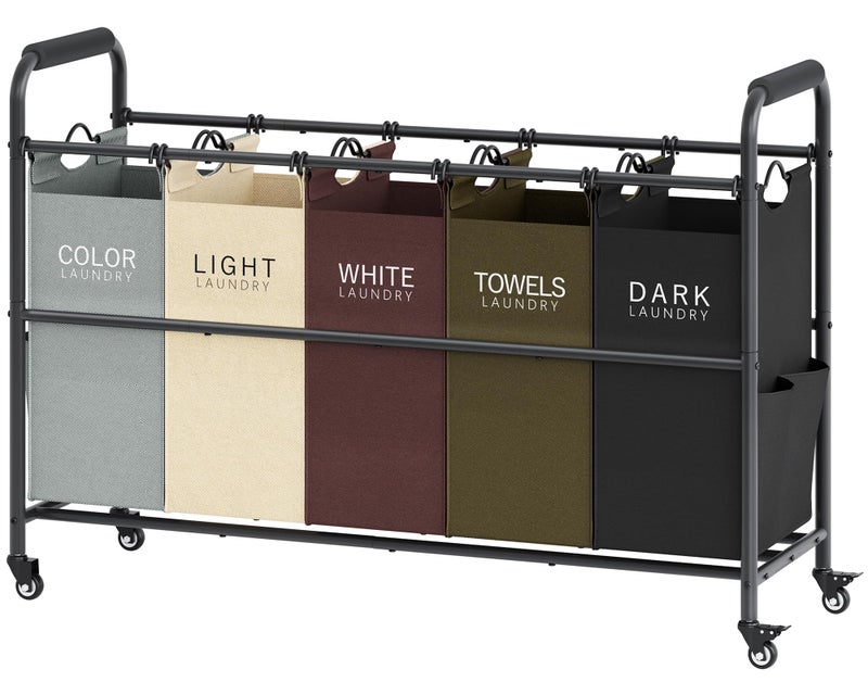 Tajsoon 5 Bag Laundry Sorter Cart Laundry Hamper Sorter Basket with Heavy Duty Lockable Rolling Wheels for Clothes Storage 5 Colors