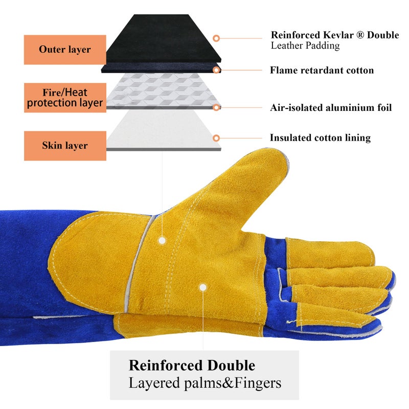 RAPICCA Welding Gloves Fire Heat Resistant: Blue 16IN 932℉ - Fireproof Leather For Stick Mig Flux-Core Welder Forge Blacksmith Fireplace Wood Stove Fire Pit Grill Oven Furnace Handling Dry Ice Blue(length 16in) - Image 4