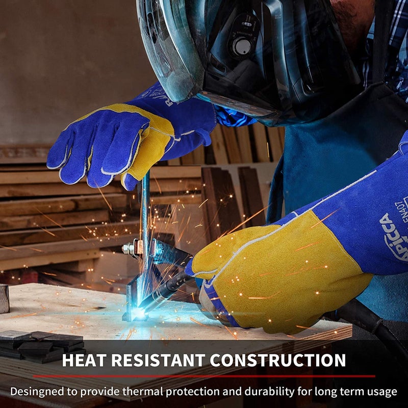 RAPICCA Welding Gloves Fire Heat Resistant: Blue 16IN 932℉ - Fireproof Leather For Stick Mig Flux-Core Welder Forge Blacksmith Fireplace Wood Stove Fire Pit Grill Oven Furnace Handling Dry Ice Blue(length 16in) - Image 2