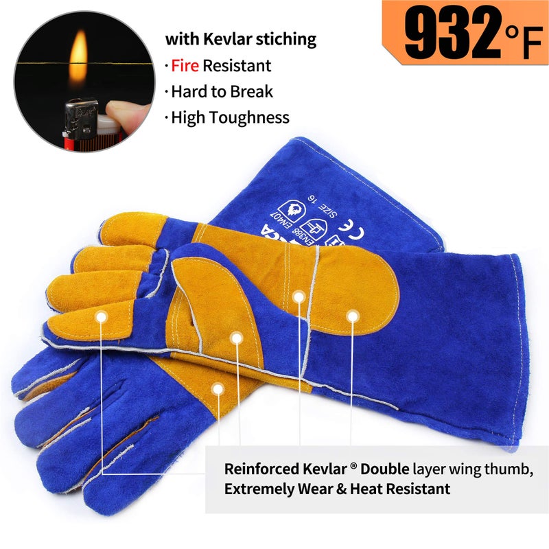 RAPICCA Welding Gloves Fire Heat Resistant: Blue 16IN 932℉ - Fireproof Leather For Stick Mig Flux-Core Welder Forge Blacksmith Fireplace Wood Stove Fire Pit Grill Oven Furnace Handling Dry Ice Blue(length 16in) - Image 3