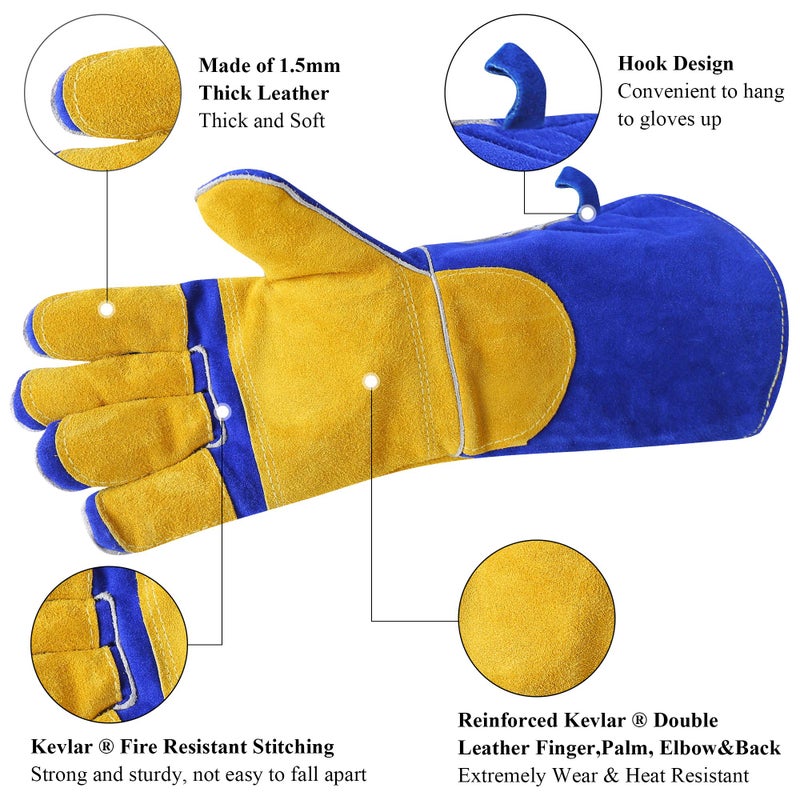 RAPICCA Welding Gloves Fire Heat Resistant: Blue 16IN 932℉ - Fireproof Leather For Stick Mig Flux-Core Welder Forge Blacksmith Fireplace Wood Stove Fire Pit Grill Oven Furnace Handling Dry Ice Blue(length 16in) - Image 5