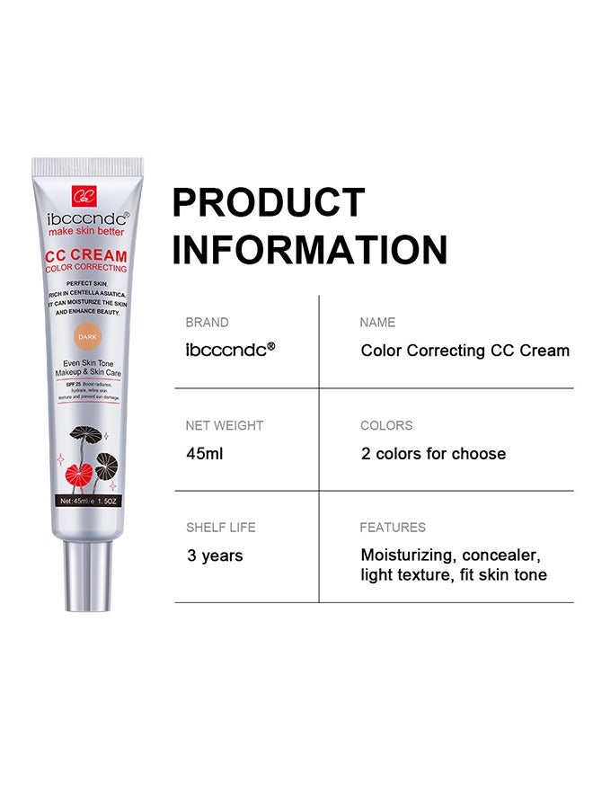 ibcccndc Skin Tone Correcting CC Cream with Centella Asiatica, Concealing and Moisturising CC Cream Color Correcting, Repairing Redness and Acne Marks, Water and Sweat Resistant, SPF 25 (01#DARK) - Image 2