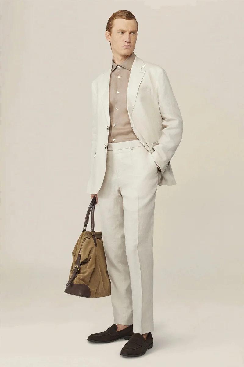 دوبل غانغر Men's single-breasted suit in 100% linen, regular fit - Beige
