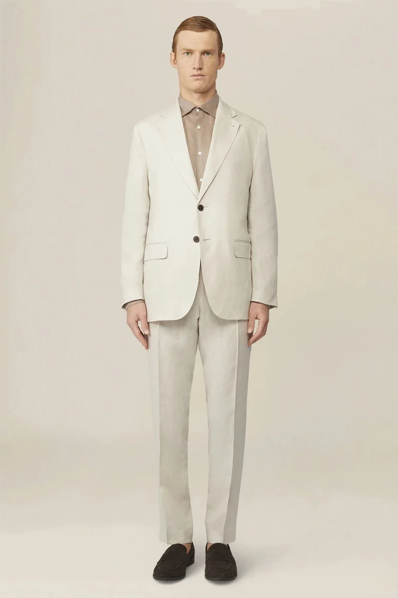 دوبل غانغر Men's single-breasted suit in 100% linen, regular fit - Beige