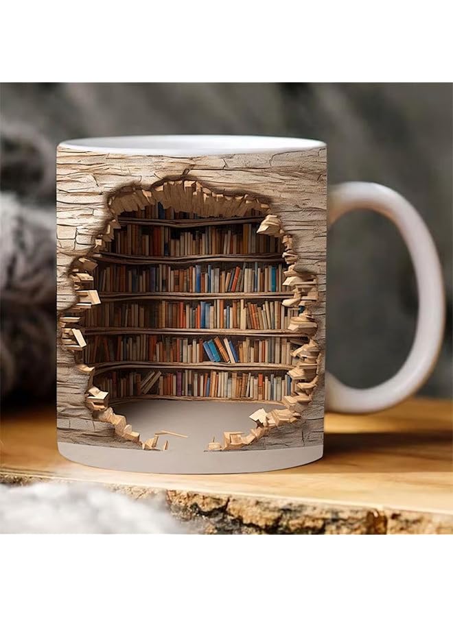 Bookshelf Mug, A Library Shelf Cup, Library Bookshelf Mug, Book Lovers Coffee Mugs, Creative Space Design Multi-Purpose Ceramic Mugs, Cool Gifts for Readers Bookish White mug