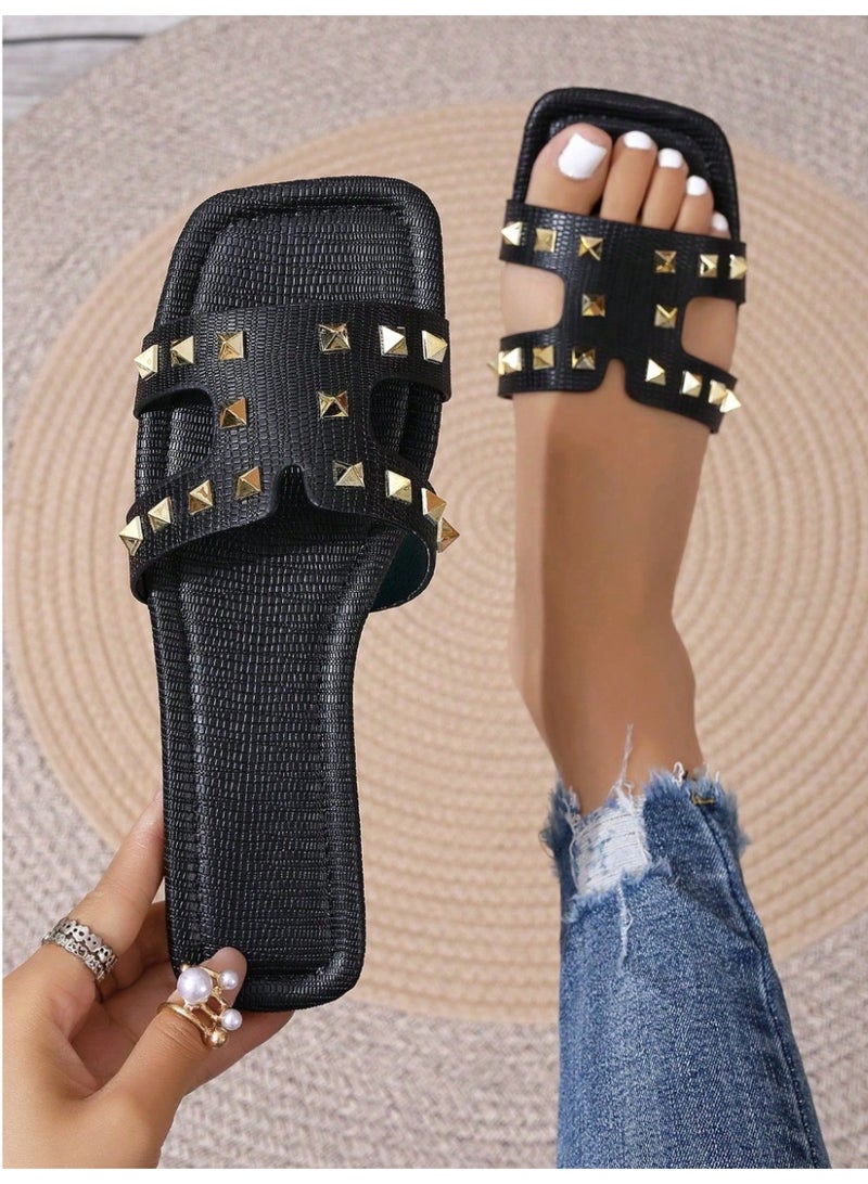 Shein New Spring/Summer Women's H-Shaped Slippers, Fashionable Casual Style, Roman Style Slip-On Slippers, Slip-On Design, Black Comfortable, Embossed, Recommended By Fashion Bloggers Love Assistant French Strap Slipper With Low Heel And Round Toe, Indoor Household Deodorant, Anti-Slip, Simple Slip-On For Outdoors, Women's Crocodile-Pattern Slippers, Versatile With Metal Decoration, Flat Single-Band Slipper For Summer Fashion. - Image 2