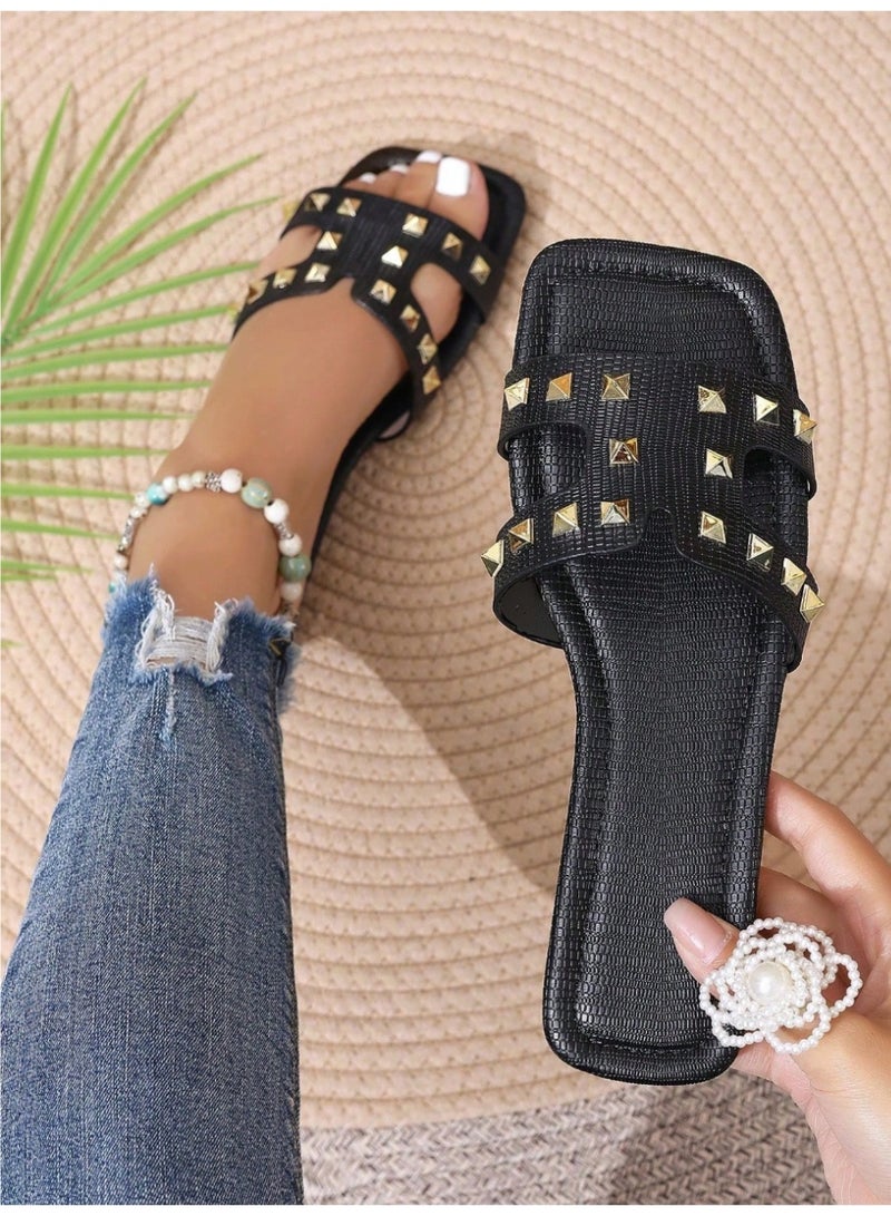 Shein New Spring/Summer Women's H-Shaped Slippers, Fashionable Casual Style, Roman Style Slip-On Slippers, Slip-On Design, Black Comfortable, Embossed, Recommended By Fashion Bloggers Love Assistant French Strap Slipper With Low Heel And Round Toe, Indoor Household Deodorant, Anti-Slip, Simple Slip-On For Outdoors, Women's Crocodile-Pattern Slippers, Versatile With Metal Decoration, Flat Single-Band Slipper For Summer Fashion. - Image 1