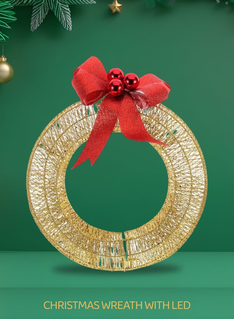NextWave Golden Christmas Wreath With Led Warm Lights And Bow, In/Outdoor Holiday Decor For Front Door, Window, Party - Image 1