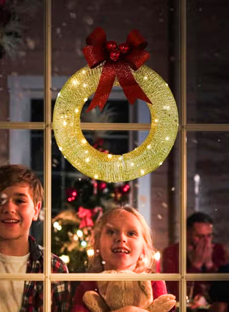 NextWave Golden Christmas Wreath With Led Warm Lights And Bow, In/Outdoor Holiday Decor For Front Door, Window, Party - Image 2