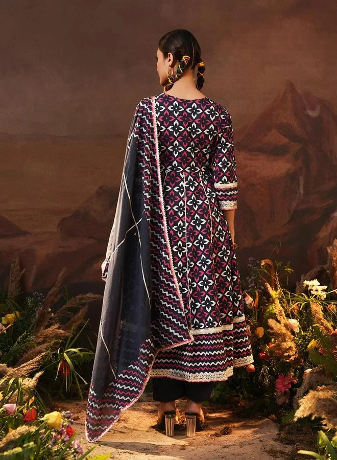 ISHIN Women's Navy Cotton Printed Tunic Upper Calf Length Palazzo Bottom Regular Fit 3 Peice Kurta Set