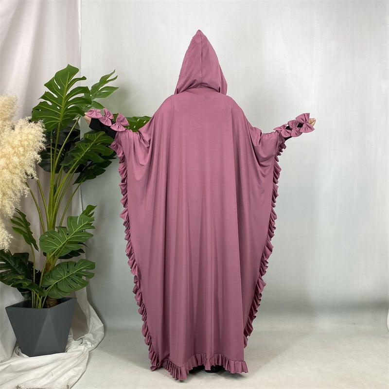 روب أنيق بتصميم مزيج قماش وعقدة جذابة مع أكمام واسعة وقبعة - فستان طويل 6884 - Image 2