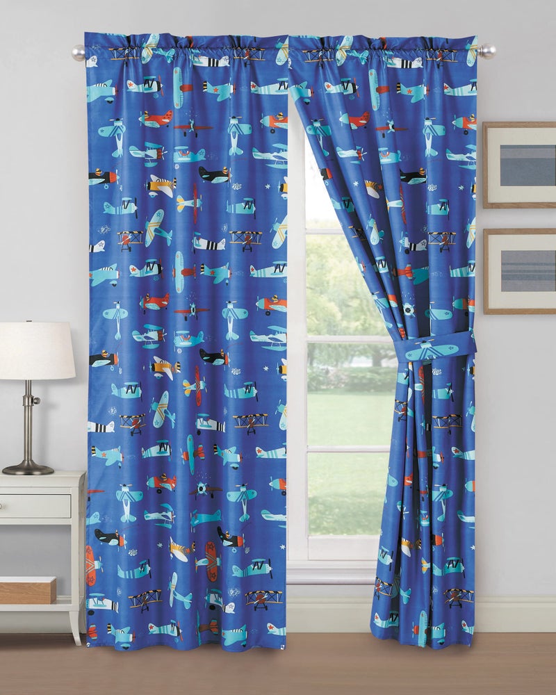 WPM WORLD PRODUCTS MART WPM WORLD PRODUCTS MART Blue Skies Airplane Print Curtain Set for Boys Girls Bedroom  4 Piece Blue Theme With Panel and Tiebacks Design 