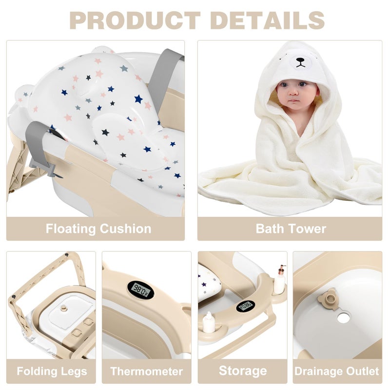 MoreFeel Collapsible Baby Bathtub for Newborn with Thermometer & 1 Hooded Towel & 1 Soft Floating Cushion - Image 5