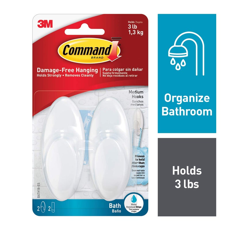 Command Bath Hook, Medium, Clear Frosted, 2-Hooks, 2-Medium Water Resistant Strips (BATH18-ES) - Image 1