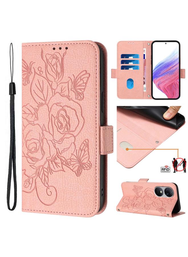 Green Tiger For Oukitel C38 Embossed Rose RFID Anti-theft Leather Phone Case(Pink)