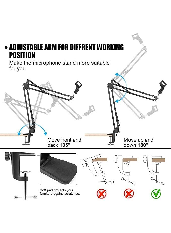Microphone Arm Stand,Adjustable Suspension Boom Scissor Mic Stand with Pop Filter,3/8" to 5/8" Adapter, Mic Clip, Upgraded Heavy Duty Clamp  - Image 2