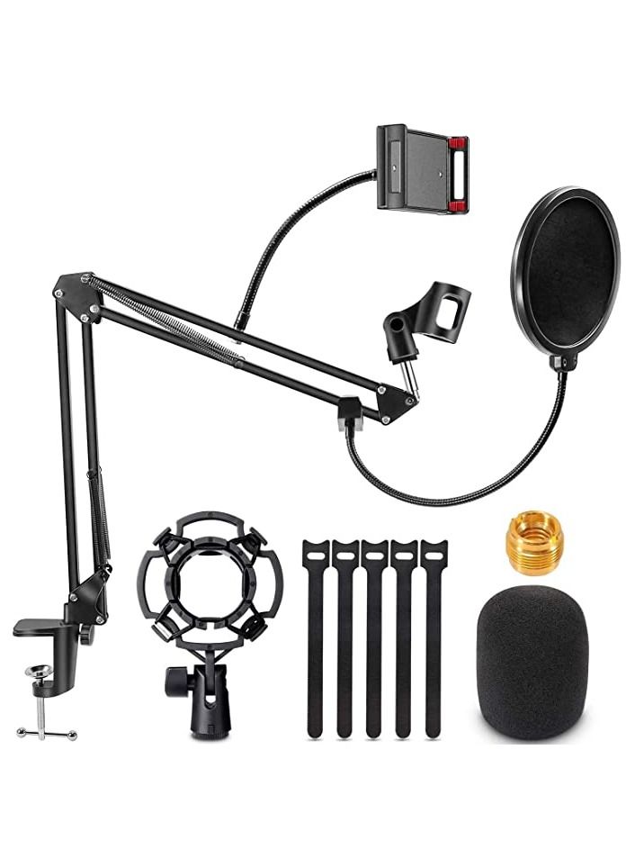 Microphone Arm Stand,Adjustable Suspension Boom Scissor Mic Stand with Pop Filter,3/8" to 5/8" Adapter, Mic Clip, Upgraded Heavy Duty Clamp  - Image 1