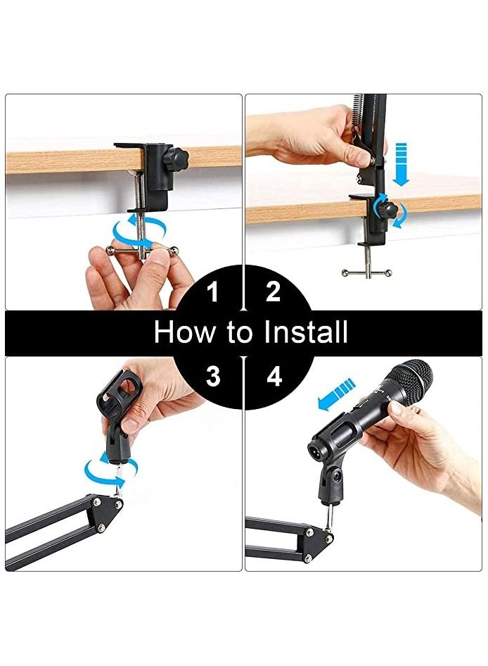 Microphone Arm Stand,Adjustable Suspension Boom Scissor Mic Stand with Pop Filter,3/8" to 5/8" Adapter, Mic Clip, Upgraded Heavy Duty Clamp  - Image 4