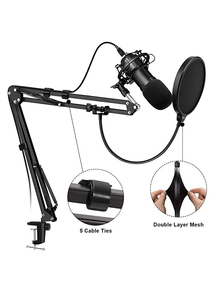 Microphone Arm Stand,Adjustable Suspension Boom Scissor Mic Stand with Pop Filter,3/8" to 5/8" Adapter, Mic Clip, Upgraded Heavy Duty Clamp  - Image 3