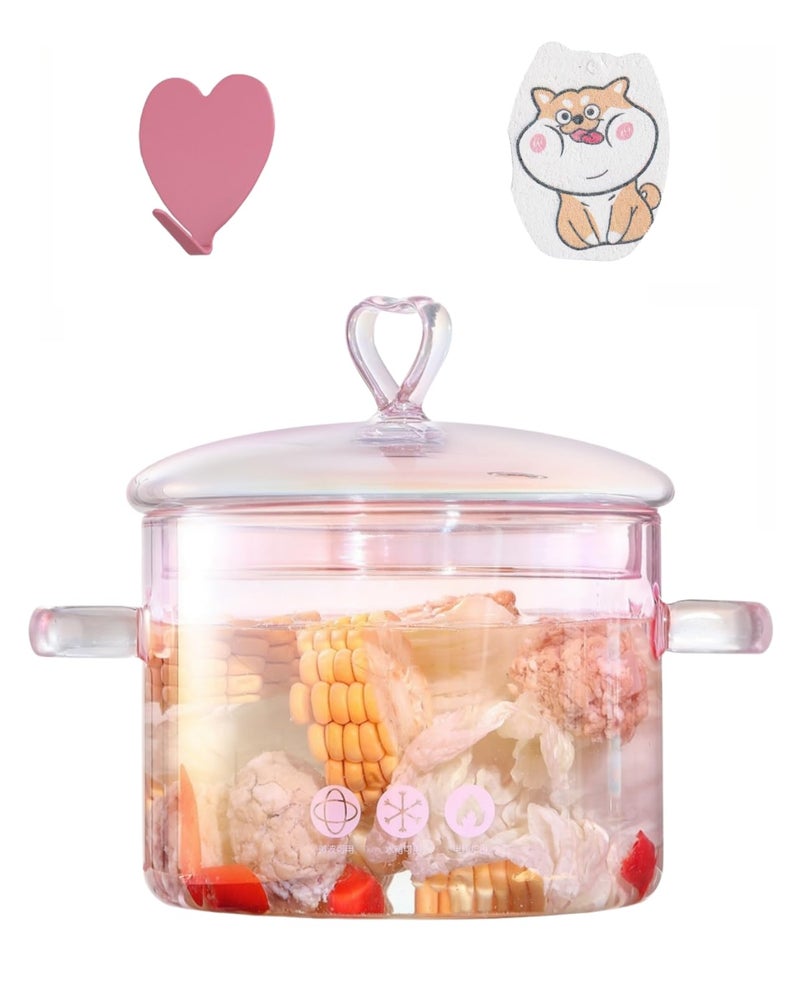 2L Pink Glass Simmer Pot 2000ml22Qt68oz Glass Pots for Cooking on Stove Heartshaped Lid Heat Resistant 0 to 400  Oven Gas Electric Stove Dishwasher Safe for Potpourri Pasta Soups