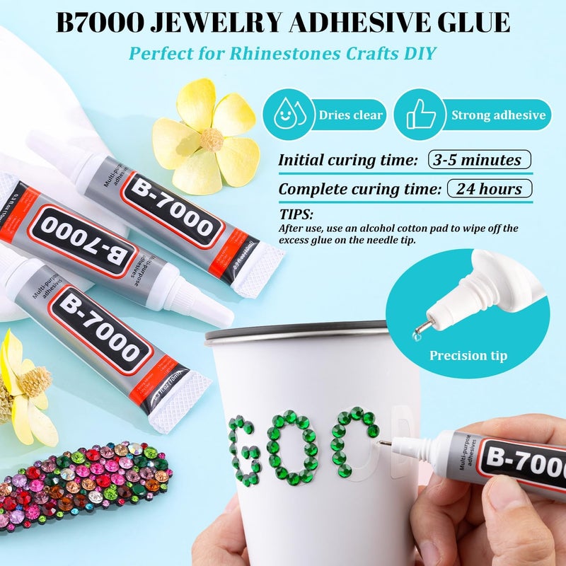TINKRSTUFF 12100 قطعة من أحجار الراين الراتنجية للحرف اليدوية مع 3 قطع 10 مل غراء مجوهرات B7000، صندوقان من الكريستال ذو الظهر المسطح (أخضر زمردي) لتزيين الحرف اليدوية DIY وفن الأظافر، أحجار كريمة غير قابلة للتثبيت الحراري للملابس والأحذية - Image 4