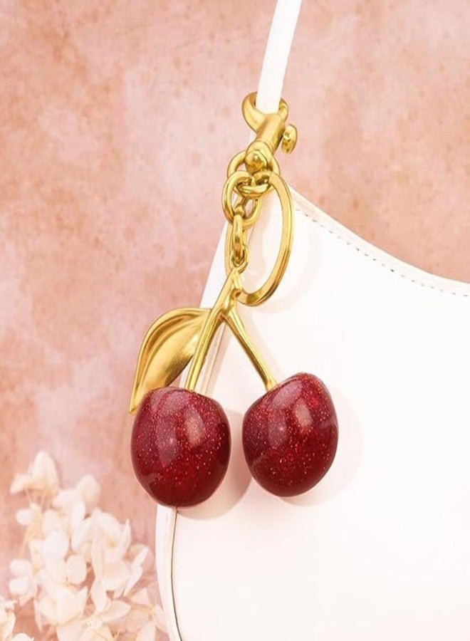 Akshify Cherry Bag Charm Keychain Cute Glitter Handbag Pendant with Metal Key Ring, Stylish Purse Charm Accessory for Women & Girls, Decorative Backpack & Car Key Holder Gift (Red/Golden) - Image 3