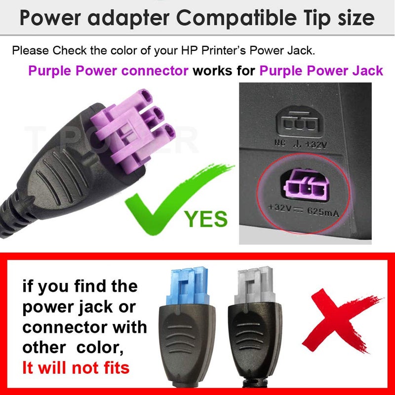 T POWER شاحن تي باور 32 فولت 3 دبابيس طرف بنفسجي لطابعة HP Deskjet Ink Advantage الكل في واحد - Image 2