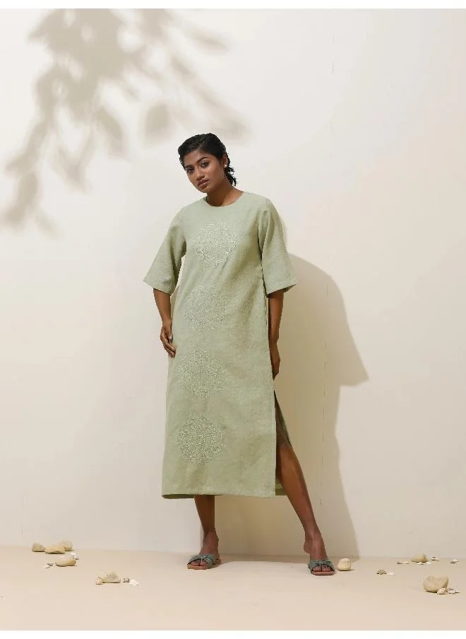 ترو برونز trueBrowns Patcholi Green Embroidered Natural Cotton Dress