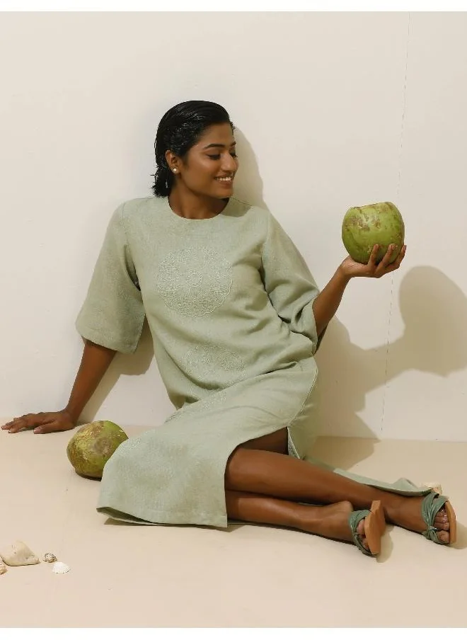 ترو برونز trueBrowns Patcholi Green Embroidered Natural Cotton Dress