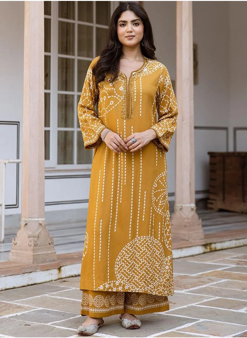آي شين Women's Yellow Rayon Printed Tunic Full Length Palazzo Straight Fit Kurta Set