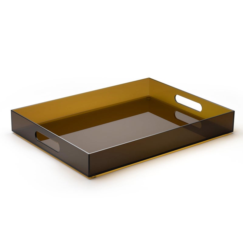 ATZYmolin Large Acrylic Serving Tray Decorative Ottoman Coffee Table Vanity Tray Tea Fruit Platter Snack Appetizer Dessert Drink with Handles for Bar Kitchen Party, Brown - Image 1