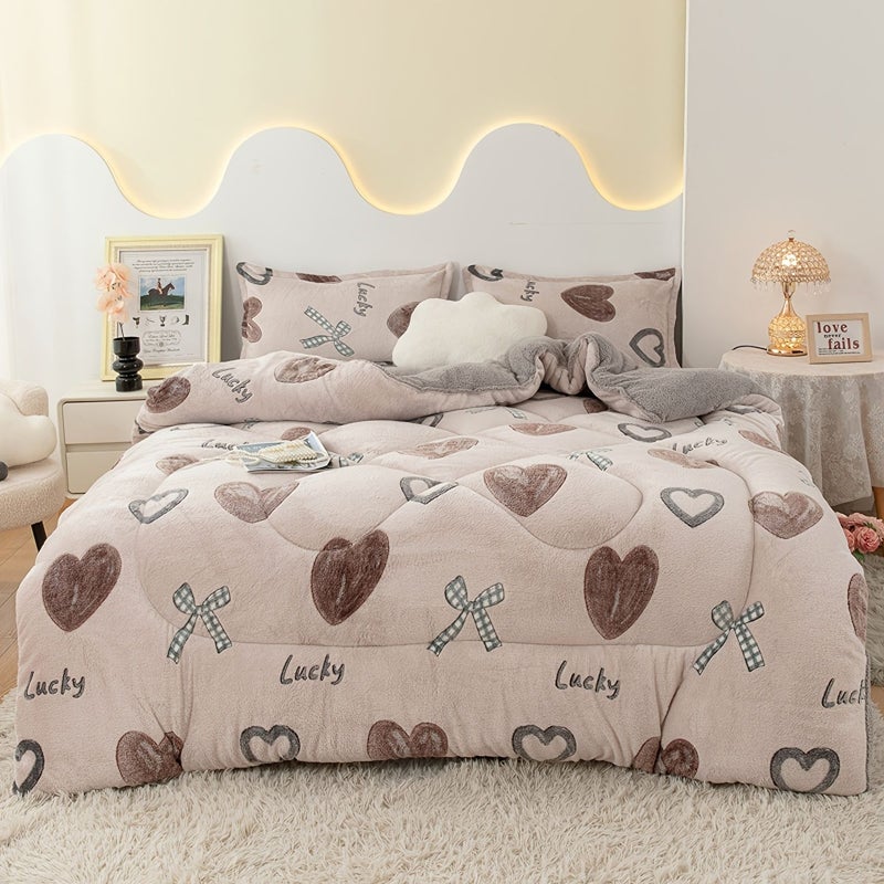 1 Piece Soft Velvet Warm Winter Quilt Duvet Insert With Heart To Heart Color And Sweet Bow Design Polyester Fiber Filling For Bedroom And Guest Room Bedding 53.15 X 78.74 Inches - Image 1