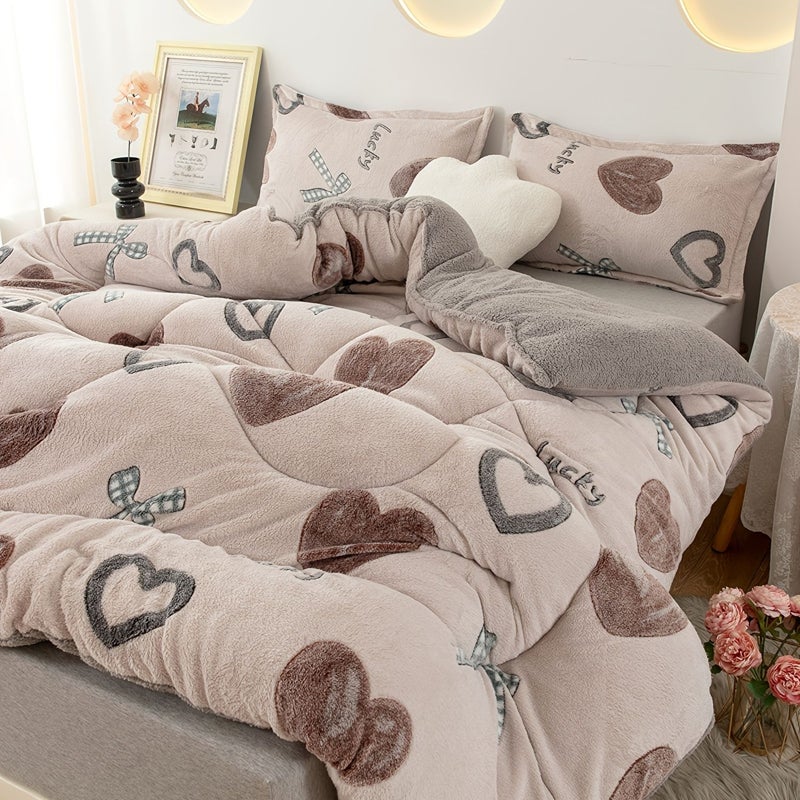 1 Piece Soft Velvet Warm Winter Quilt Duvet Insert With Heart To Heart Color And Sweet Bow Design Polyester Fiber Filling For Bedroom And Guest Room Bedding 53.15 X 78.74 Inches - Image 2